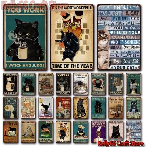 [ Kelly66 ] Pets Sewing Black Cat You Work I Watch And Judge Tin Metal Sign Home Pub Bar Decor Painting 20*30 CM Size Dy215
