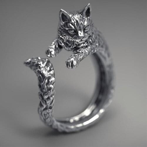 New Retro Creative Simple Geometric Design Thai Silver Black Cat Ring Fashion Personality Couple High Quality Jewelry Gift