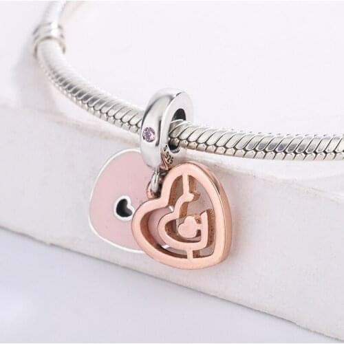 Fashion 925 Sterling Silver Pink Enamel Elegant Heart Shaped Pendant Charm Bracelet DIY Jewelry Making For Original Pandora