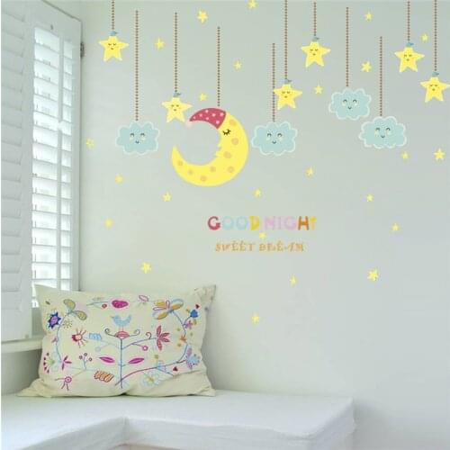 Cartoon moon stars cloud wall stickers bedroom kids rooms home decor good night wall decals diy mural art pvc posters