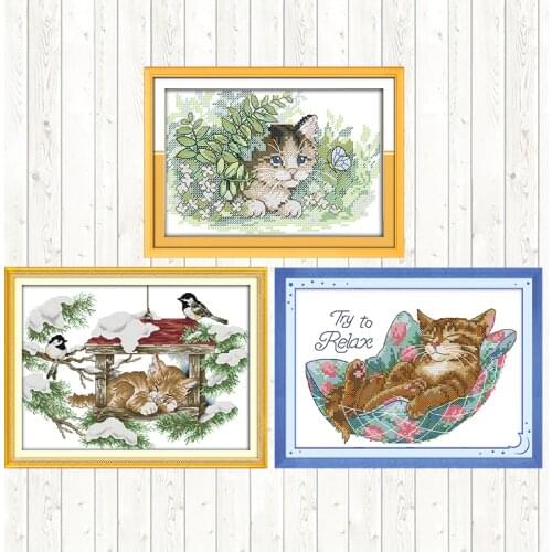 Cat and Birds Cross Stitch Package Needlework Embroidery Patterns DIY Crafts Embroidery Kits 14ct 11ct Count Print Canvas Kits