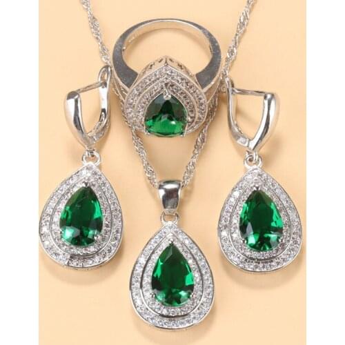 Fashion Wedding Costume Green Jewelry Sets Cubic Zirconia Earring And Necklace Pendant Ring For Women Gift
