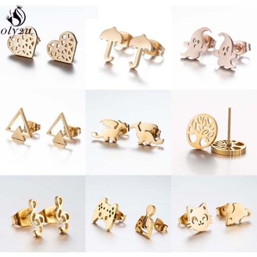 Multiple Golden Stainless Steel Stud Earrings for Women Girls Fashion Cat Music Heart Umbrella Earing Korean Geometric Oorbellen