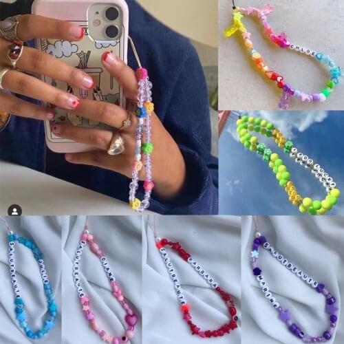 New Fashion Acrylic Mobile Phone Strap Lanyard Colorful Star Letter Beaded Rope for Cell Phone Case Hanging Phone Chain Jewelry