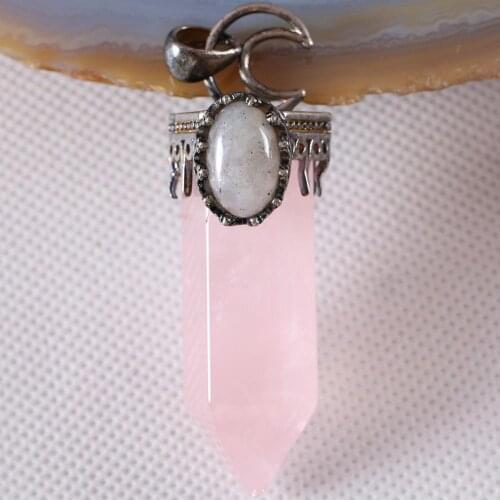 Charm Necklace Pendant Natural Gem Pink Crystal Labradorite Bead Hexagon Antique Crown Half Moon Jewery Gift 1Pcs K793