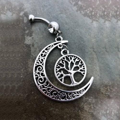 1PC 14g Half Moon and Tree of Life Wishing Tree Navel Piercing Stainless Steel Dangle Belly Button Navel Rings Body Jewelry