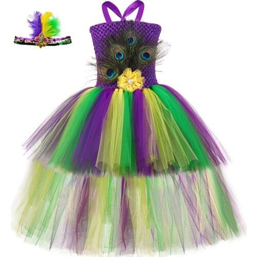 New Girls Peacock Feathers Tutu Dress with Tail Kids Princess Peacock Costume for Girls Halloween Carnival Jungle Party Dress Up