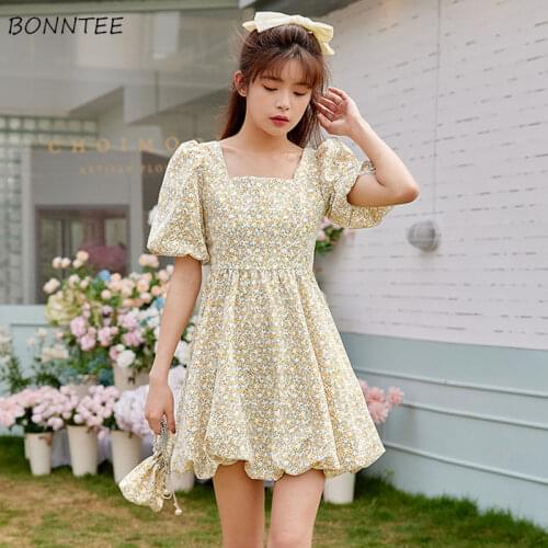 Dresses Women Square Collar Floral Puff Sleeve French Style Retro Kawaii Girls Belt High Waist Tender Daily Mini Chic Spring New