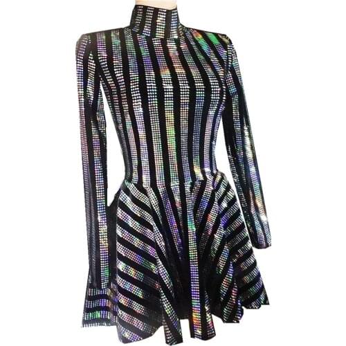 Sexy Stage Shining Silver Sequin Party Club Dress Women Stretch Cocktail Prom A-Line Short Dress Stage Dress Performance Wear