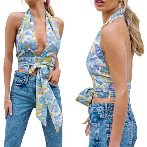 2021 New Fashion Women Summer Tank Tops Floral Print Halter V-Neck Sleeveless Backless Tie Up Straps Crop Tops Tanks Camis Top