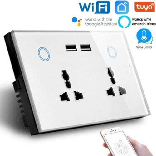 Tuya WIFI Smart USB Wall Socket Universal Electrical Plug WIFI Touch Panel Socket 110-240V 15A Work with Alexa Google Home