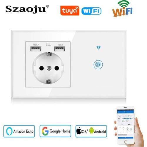 TUYA Smart Touch Switch With16A USB Socket 146*86mm German Crystal Tempered Glass Panel Power Socket With WIFI Switch AC110-250V