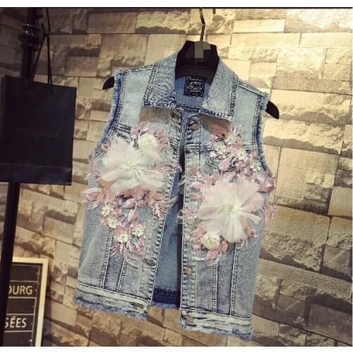 Spring autumn womens casual chrysanthemum embroidery sleeveless jacket female vintage slim Tank top Jean jacket TB3383