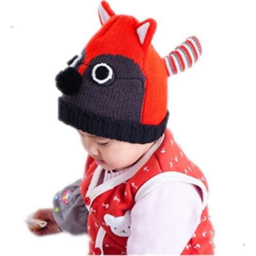 New Cartoon cute raccoon bear wool Cotton knitting winter Warm plush hat kid baby Animals Soft Cosplay fox Cap Beanies with tail