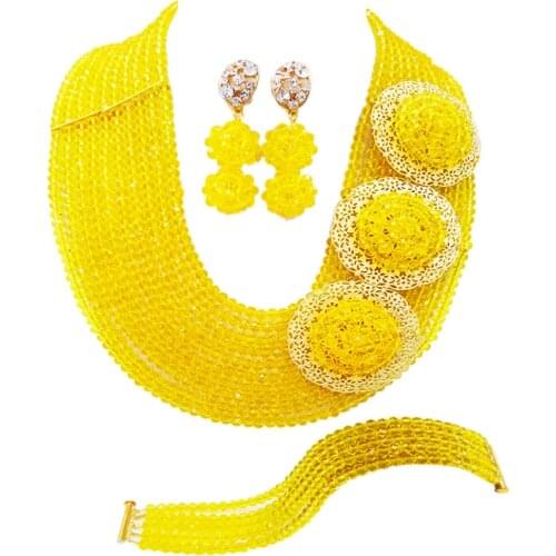 Yellow African Wedding Necklace Bracelet Earrings Nigerian Beads Bridal Party Jewelry Sets 10SPH06