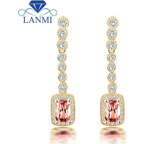 Genuine Diamond Cushion Cut Gemstone Natural Pink Tourmaline Earrings In Solid 18K yellow Gold Jewelry for Women E00124A