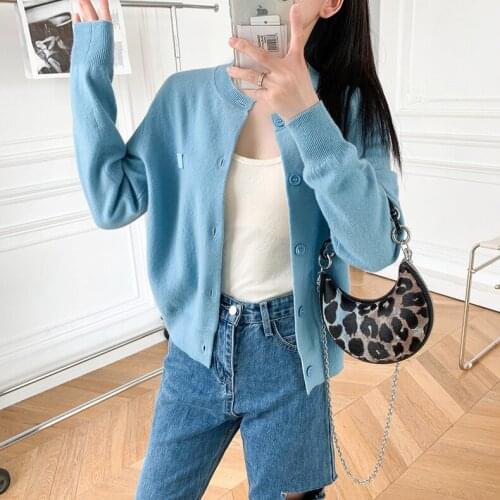 Women O-Neck Knitted Sweater Cardigan Ladies Square Smiley Decor Long Sleeve Single Breasted Knitwear Female Outwear Tops 2021