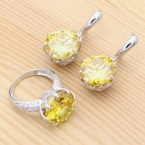 Yellow Cubic Zirconia Crystal Round Earrings Ring 925 Silver Jewelry Set Wedding Accessories for Women