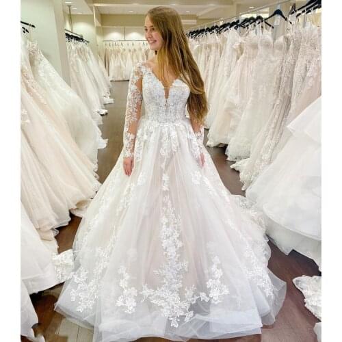 2021 V-Neck Wedding Dress Long Sleeve Lace Appliques Bridal Gown Princess A-Line Charming For Women Vestidos De Novia