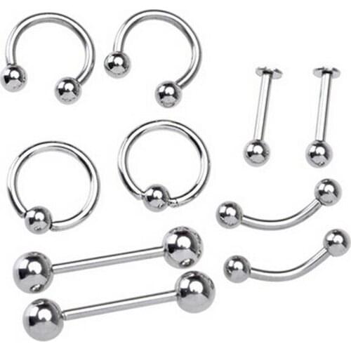 10 Piece Mix Design Ball Tongue Ring Stainless Steel Barbell Lip Rings Eyebrow Nose BCR Tragus Earring Body Piercing Jewelry