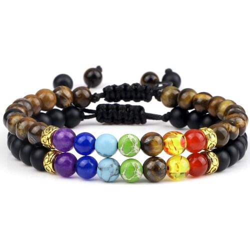 2pcs/set 7 Chakra Beads Bracelet Natural Stone Tiger Eye 6mm Onyx Agates Malachite Bracelets Yoga Balance Prayer Bangles Jewelry