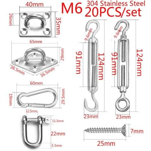 304 Stainless Steel M6 Fitting Kits Rectangle or Square Shade Sail Accessories Pad Eye Turnbuckle Snap Hook Screw 20pcs