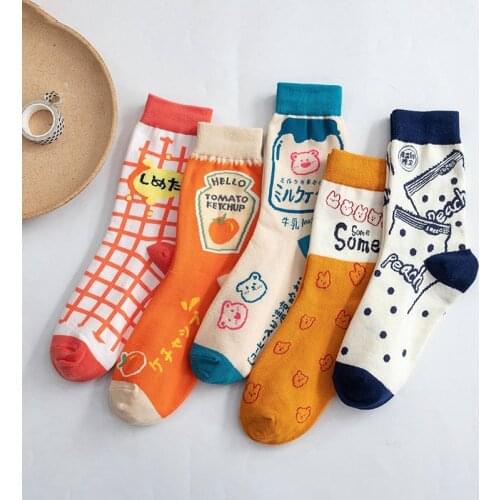 5 pairs Streetwear Spring Autumn Cartoon Grid Woman Socks Cotton Kawaii and Funny Socks Women 12601 woman kawaii socks winter