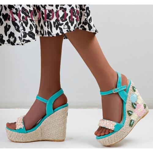 AGODOR Platform Super High Heel Sandals Woman Shoes Espadrille Wedges Heel Sandals Flower Buckle Ladies Footwear Green Size 48