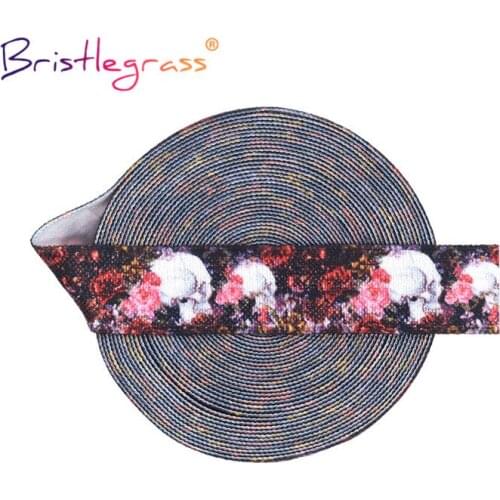 BRISTLEGRASS 2 5 10 Yard 5/8" 15mm Rose Skull Print Fold Over Elastics FOE Spandex Satin Band Tape Hair Tie Headband Sewing Trim
