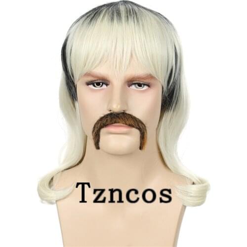 Tzncos Tiger King Joe Exotic Cosplay Wig+Earring+Mustache Heat Resistant Synthetic Hair