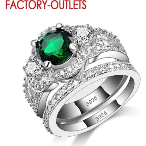 Elegant Design 2pcs 925 Rings For Women Elegant Green CZ Crystal Engagement Wedding Finger Rings Set