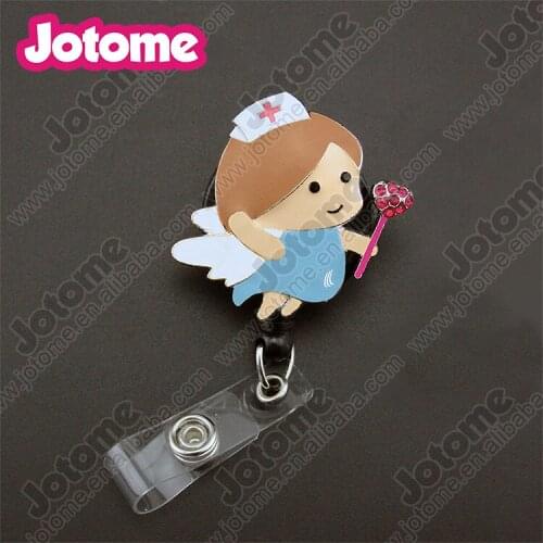 Hot selling enamel medical angel wing Retractable ID badge holder/reel for nurse doctor