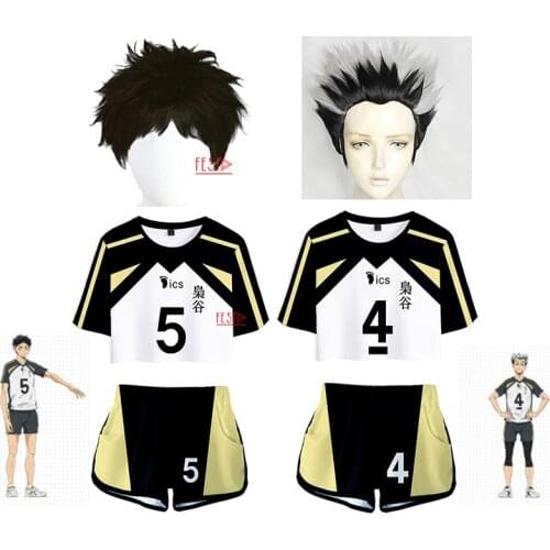 Haikyuu No.5 Akaashi Keiji No.4 Bokuto Koutarou Cosplay Uniform Short Wig Fukurodani Academy Jersey Sports Wear Top+Shorts Adult