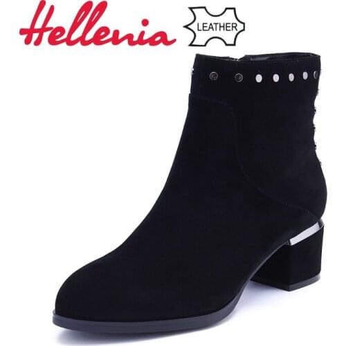 Hellenia Kid Suede Velvet and Wool Lining for Spring Autumn Winter Women Boots Fashion Ladies Shoes Geunine Leather Shoe