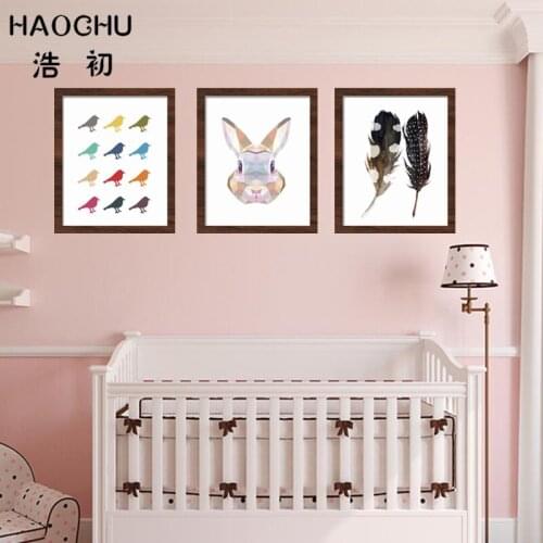 HAOCHU Japan Cartoon Animal Print Painting Colorful Birds Rabbit Panda Wall Picture Cute Poster Kids Nursery Room Decor Mural