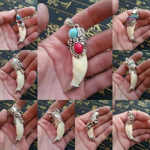 China Vintage Tibetan Silver Inlaid Natural Stone Amulet Mens Couple Pendant/Braided Rope Necklace Wolf Teeth Pendant Gift