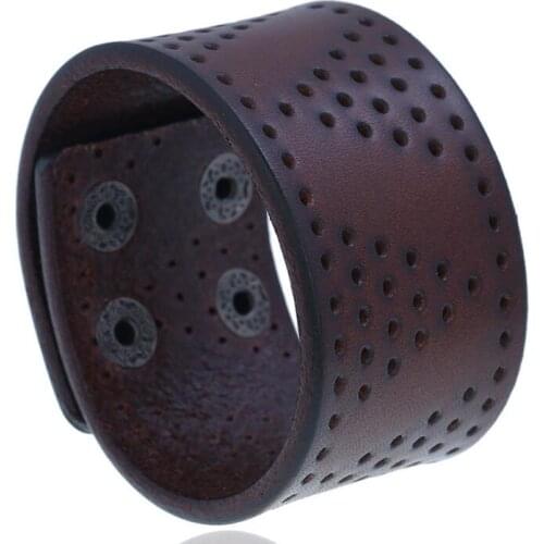 Fashion Vintage Wristbands Punk Wide Bracelet Cuff Brown Hollow Genuine Leather Casual Buckle Bangle Wrap Gift Biker Men Jewelry