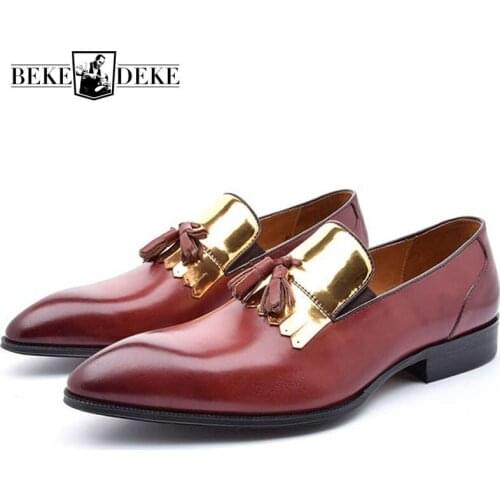 2019 Men Fashion Loafers Genuine Leather Dress Shoes With Tassel Slip On Wedding Party Chaussure Homme Pointed Toe Prom Footwear