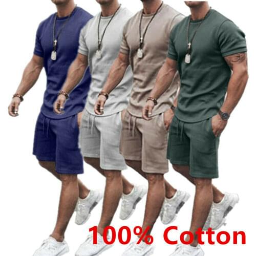 Mens 100% cotton Outfit 2-Piece Set Short Sleeve T Shirts Shorts Sweatsuit