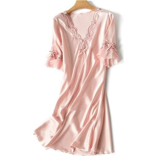 Sleep Wear V-neck Sleepdress Version Ice Silk Short Sleeve Lace Skirt Nighty Sexy Sleepwear Women Silk Lingerie Sleeping Dress