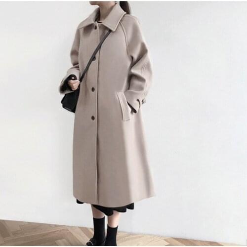 Autumn winter Clothings womens Hepburn wind woolen jacket female long Single-breasted loose thick coat leisure chic Overcoat