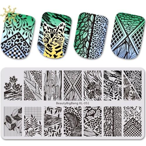 BEAUTYBIGBANG Rectangle Stamping Template Leopard Print Leaves Lines Geometric Image Nail Art Stamp Plates Manicure Tools