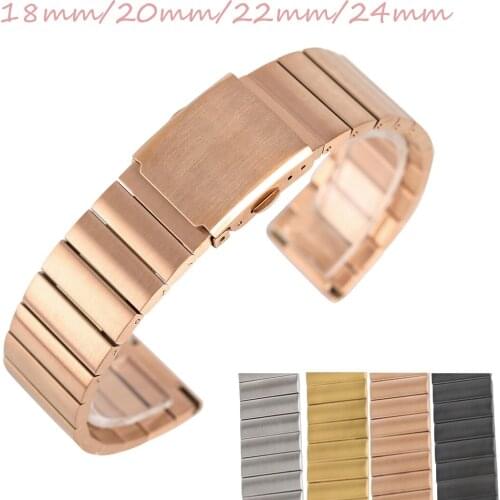18mm/20mm/22mm/24mm Women HQ Solid Link Stainless Steel Watch Band Fold Clasp Silver/Black/Gold/Rose Gold Strap +2 Spring Bars