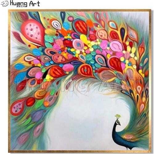 Hand-Painted Beautiful Noble Peacock Oil Painting on Canvas for Home Decor Knife Modern Colorful Animal Painting Pink Peacock