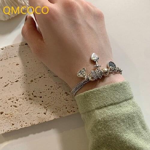 QMCOCO Vintage Punk 925 Silver Heart-Shape Circle Pendant Bracelet Fine Jewelry Trendy Elegant Chain Bangles Party Girl Gifts