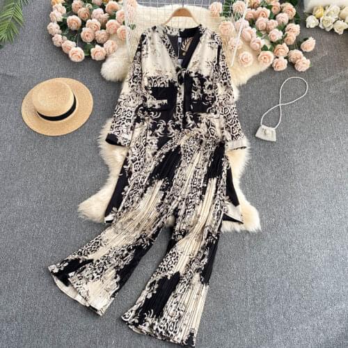 Vintage Leopard Print Pants Set Womens Spring Summer 2021 New Long Shirt All-Match Wide Leg Pants Trend Suits Outfits zh1467