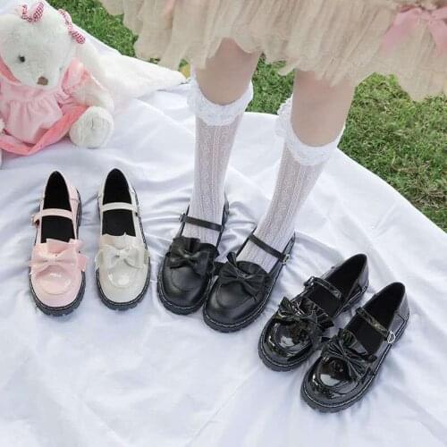 Japanese College Students Girls Round Toe Buckle Straps Bow Shoes Lolita JK Commuter Uniform Lovelive PU Leather Shoes 3 Colors