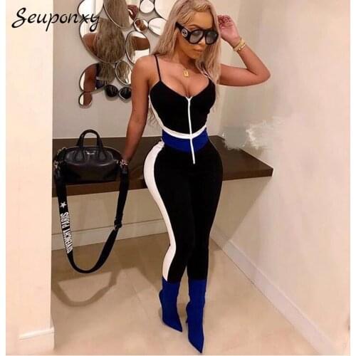 High Quality 2021 Summer Fashion WomenS Bodycon Bandage Jumpsuit Sexy Spaghetti Strap Zipper Contrast Color Party Jumpsuit
