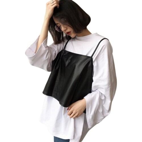 2pcs Women Clothes White Tshirt + Black PU Cami Women Long Sleeve Fashion Autumn Streetwear Korean Tee Shirt