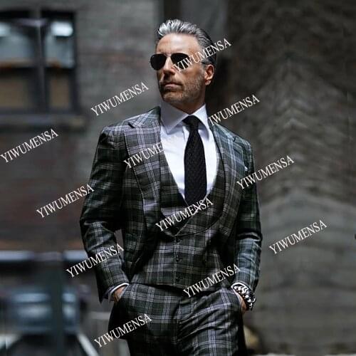 African Black Plaid Check Men Suit Set Blazers Custom Made 3 Pieces Handsome Wide Laple Jacket+Vest+Pants Skinny Tuxode Formal